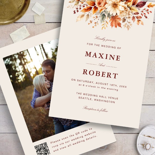 Herbstlaub Botanischer QR-Code Foto Hochzeit Einladung (Fall leaves QR code photo invitation keeps loved ones connected in autumn style.)