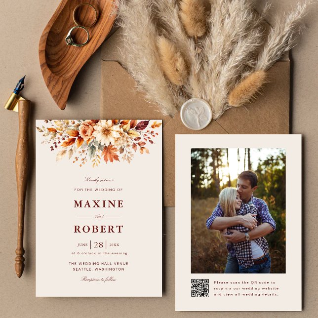 Herbstlaub Botanischer QR-Code Foto Hochzeit Einladung (Fall leaves QR code photo invitation blends autumn beauty with your love story.)