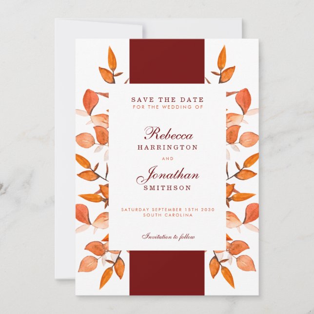 Herbstlaub Burnt Orange Wedding speichern das Datu Einladung (Vorderseite)