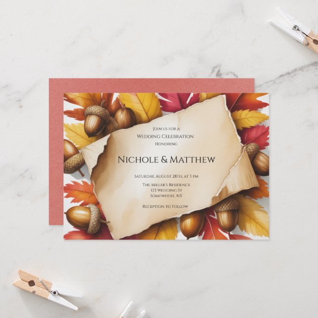 Herbstlaub & Eicheln Rustikale Hochzeit  Einladung (Vorderseite/Rückseite Beispiel)
