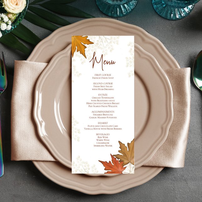 Herbstlaub Elegantes Menü für Hochzeiten Menükarte (Wedding menu card with watercolor leaves.)