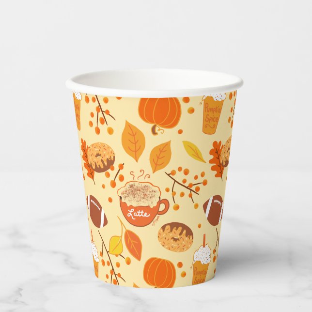 Herbstlaub Football und Pumpkin Gewürzmuster Pappbecher (Vorderseite)