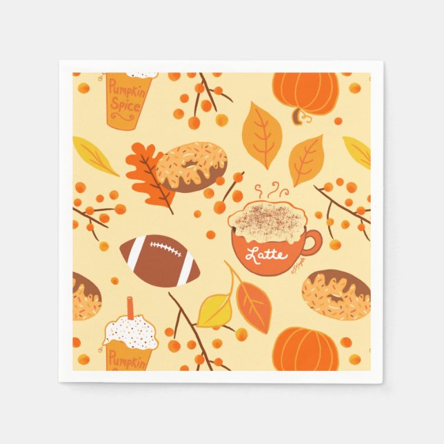 Herbstlaub Football und Pumpkin Gewürzmuster Serviette (Vorderseite)