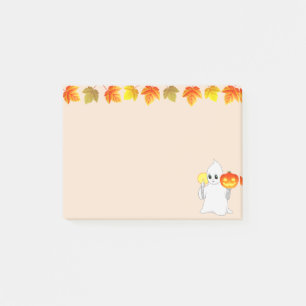 Herbstlaub, Geist, Kürbis und Kerze auf Beige Post-it Klebezettel
