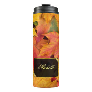 Herbstlaub Gold- und Schwarz-Label-Monogramm Thermosbecher