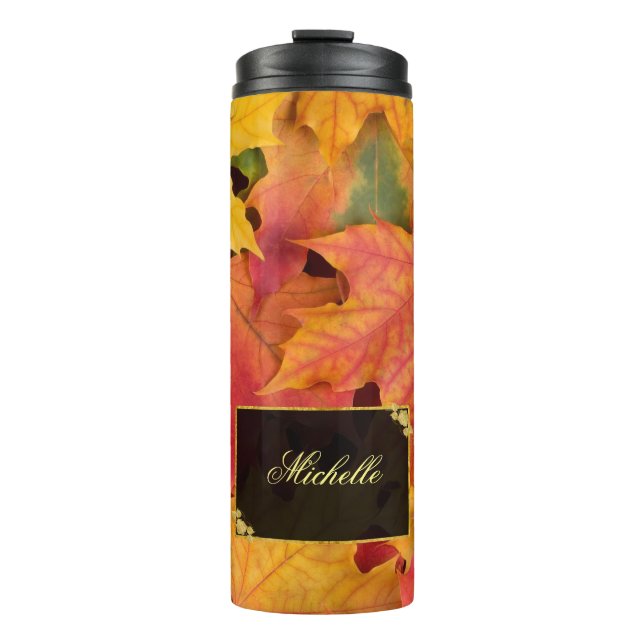 Herbstlaub Gold- und Schwarz-Label-Monogramm Thermosbecher (Vorderseite)