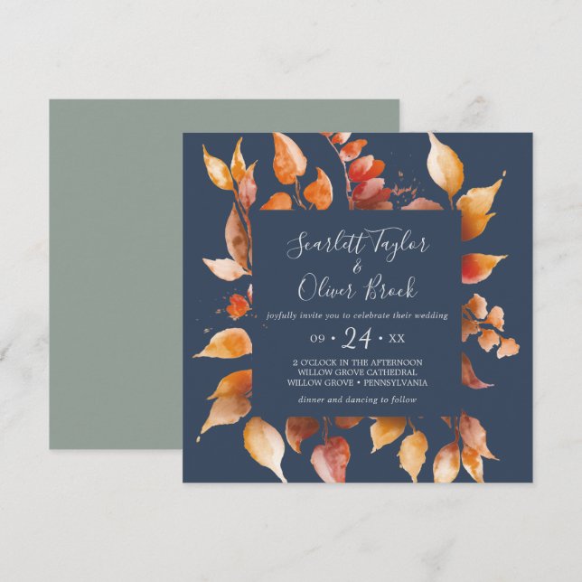 Herbstlaub | Hochzeit von Navy Blue & Burgundy Squ Einladung (Vorne/Hinten)