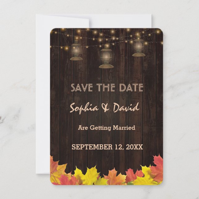 Herbstlaub Holz Alte Lanterns Save the Date Einladung (Vorderseite)