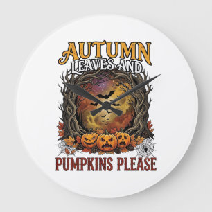 Herbstlaub Kürbisse Bitte Halloween Gruselige Bäum Große Wanduhr