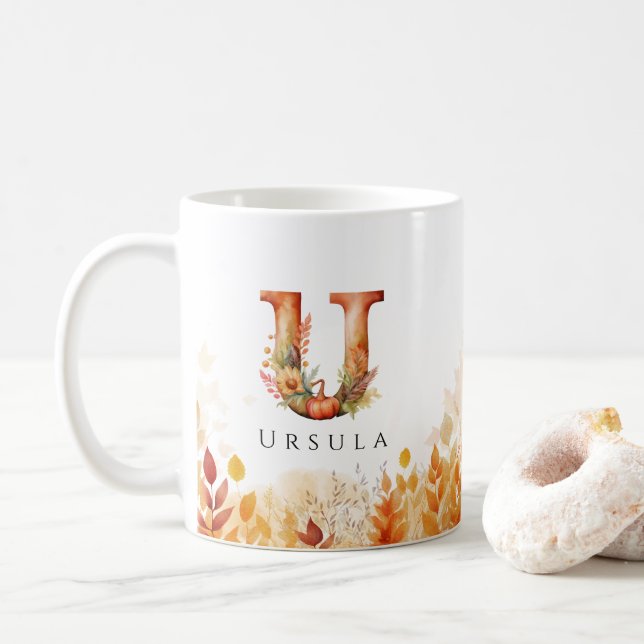 Herbstlaub Letter U Monogramm und Name Kaffeetasse (Mit Donut)