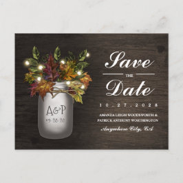 Herbstlaub Mason Jar Rustic Speichern Sie die Datu Ankündigungspostkarte