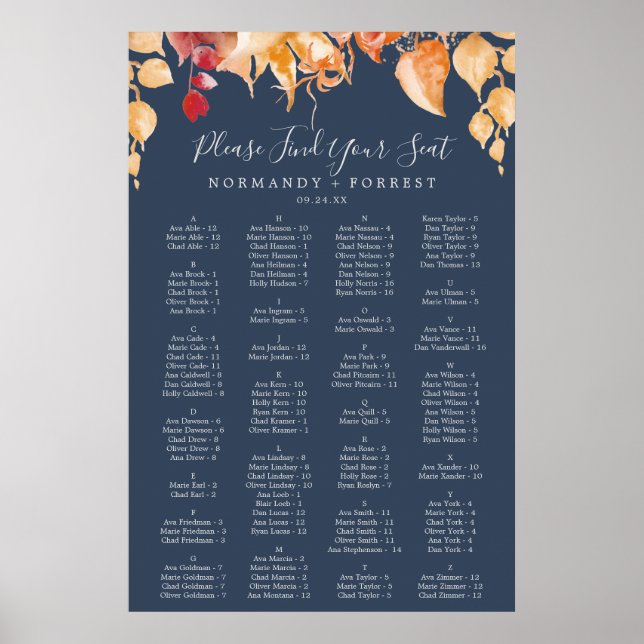Herbstlaub | Navy Blue Alphabetification Seekarte Poster (Vorne)