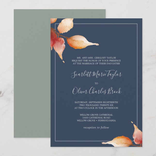 Herbstlaub | Navy Blue & Burgund feierliche Hochze Einladung (Vorne/Hinten)