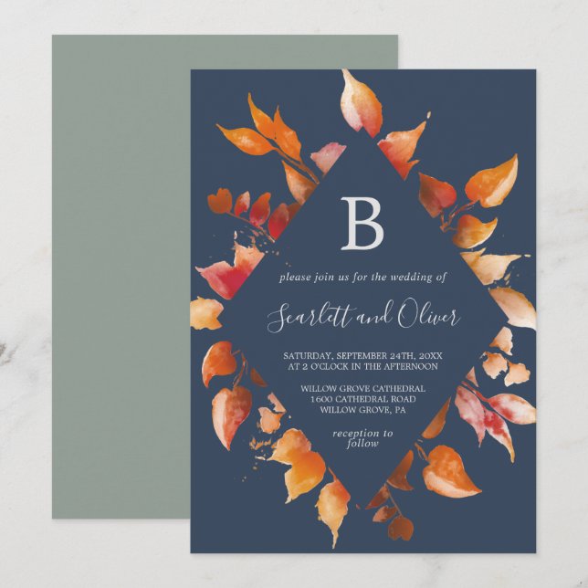 Herbstlaub | Navy Blue & Burgundy Diamond Wedding Einladung (Vorne/Hinten)