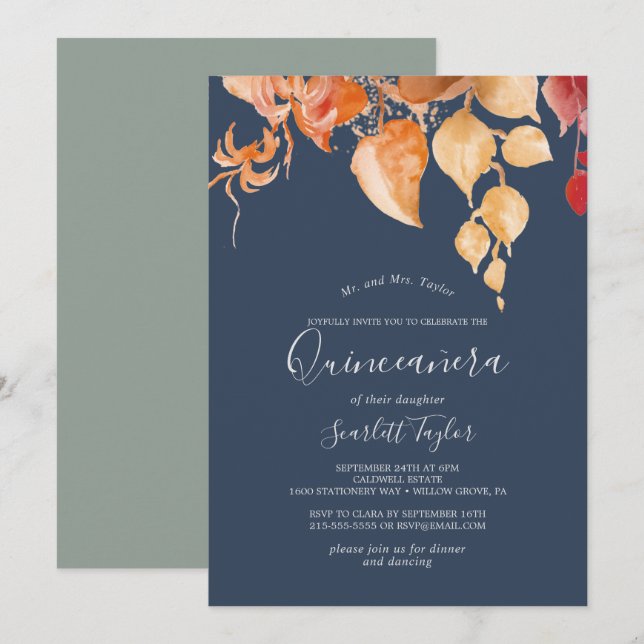 Herbstlaub | Navy Blue & Burgundy Quinceañera Einladung (Vorne/Hinten)