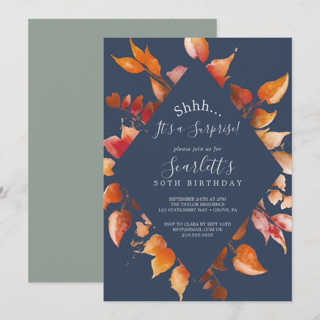 Herbstlaub | Navy Blue & Burgundy Surprise Party Einladung (Vorne/Hinten)