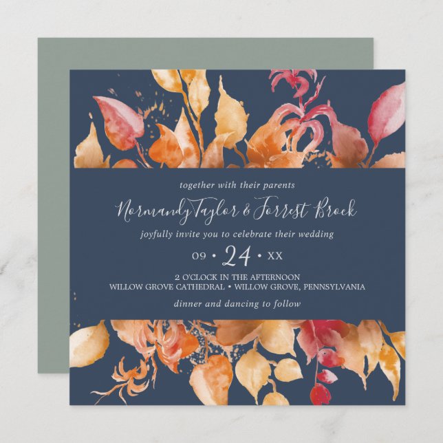 Herbstlaub | Navy Blue Lässig Square Wedding Einladung (Vorne/Hinten)