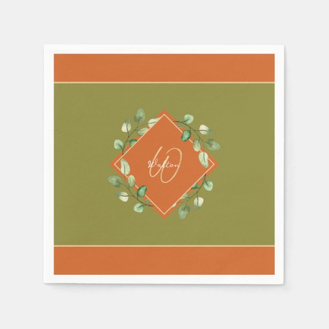 Herbstlaub Orange und Mit Monogramm Grünbuch Serviette (Vorderseite)