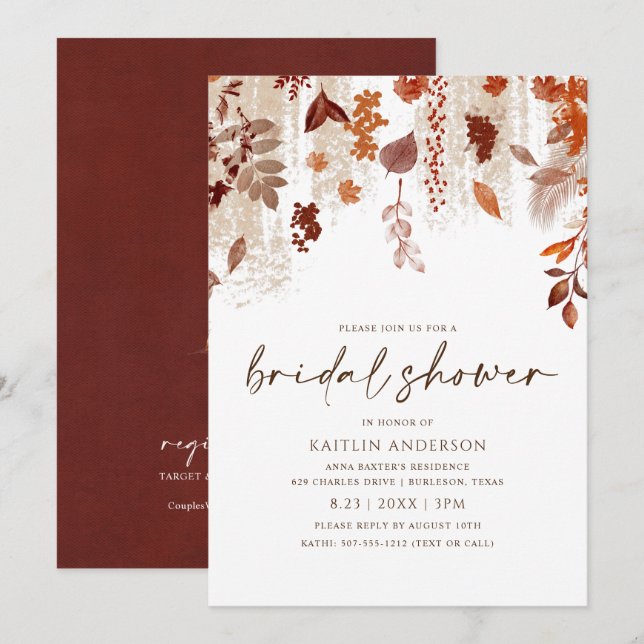 Herbstlaub Rust Brown Orange Brautparty Einladung (Vorne/Hinten)