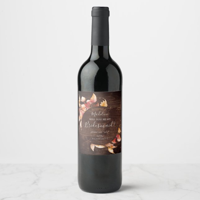 Herbstlaub Rustic Brown Wood Bridesmaid Vorschlag Weinetikett (Vorderseite)