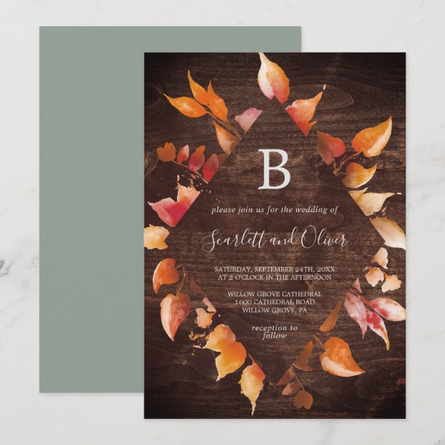 Herbstlaub | Rustic Brown Wood Diamond Wedding Einladung (Vorne/Hinten)