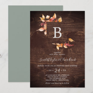 Herbstlaub   Rustic Brown Wood Monogram Wedding Einladung