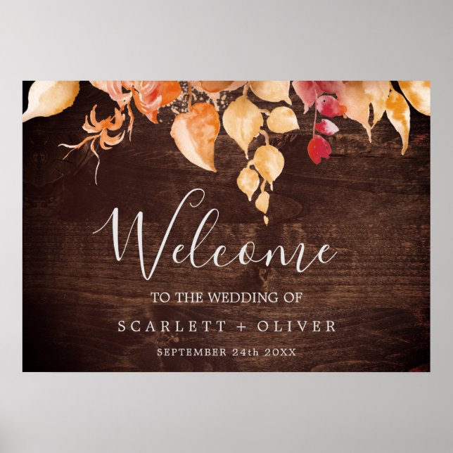 Herbstlaub | Rustic Brown Wood Welcome Wedding Poster (Vorne)