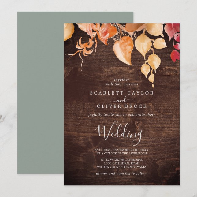 Herbstlaub | Rustikale Braun - Hochzeit Einladung (Vorne/Hinten)