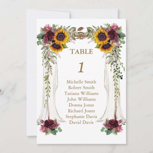 Herbstlaub-Sonnenblumen-Hochzeitstisch-Nummer Einladung (Vorderseite)