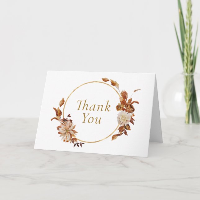 Herbstlaub und Blume Gold Round Wreath Dankeskarte (Vorderseite)