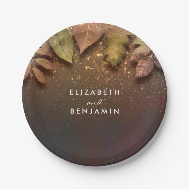 Herbstlaub und Gold Glitzer Hochzeit Pappteller (Vorderseite)