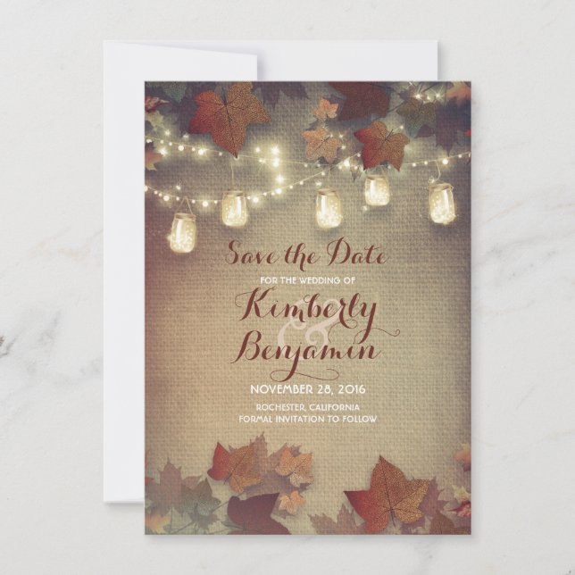 Herbstlaub und rustikale Mason Jars Save the Date (Vorderseite)