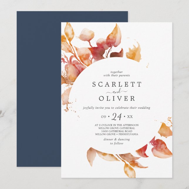 Herbstlaub | White & Burgund Lässige Hochzeit Einladung (Vorne/Hinten)