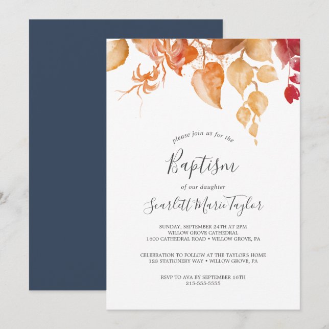 Herbstlaub | White & Burgund Taufe Einladung (Vorne/Hinten)