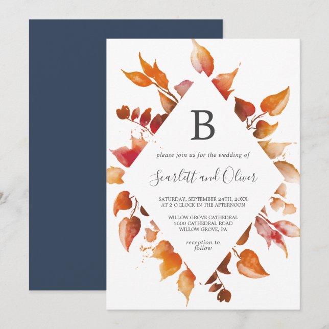 Herbstlaub | White & Burgundy Diamond Wedding Einladung (Vorne/Hinten)