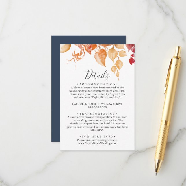 Herbstlaub | White & Burgundy Wedding Details Begleitkarte (Vorderseite/Rückseite Beispiel)
