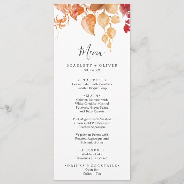 Herbstlaub | White & Burgundy Wedding Menu Menükarte (Vorderseite)