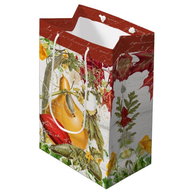 Herbstlaub Wildblume Pumpkins Rustikales Holz Mittlere Geschenktüte (Vorderseite Schrägansicht)