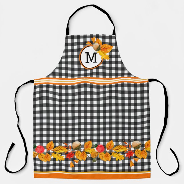 Herbstlaube auf Black Gingham Mit Monogramm Schürze (Vorderseite)