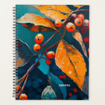 Herbstlaube & Beerenmalereien Herbstgebirge Planer<br><div class="desc">Herbstlaube und Rowan Beerenplaner. Abstraktes modernes Waldland Herbst Naturöl Malerei Kunst in blau roten Orangen Farben.</div>