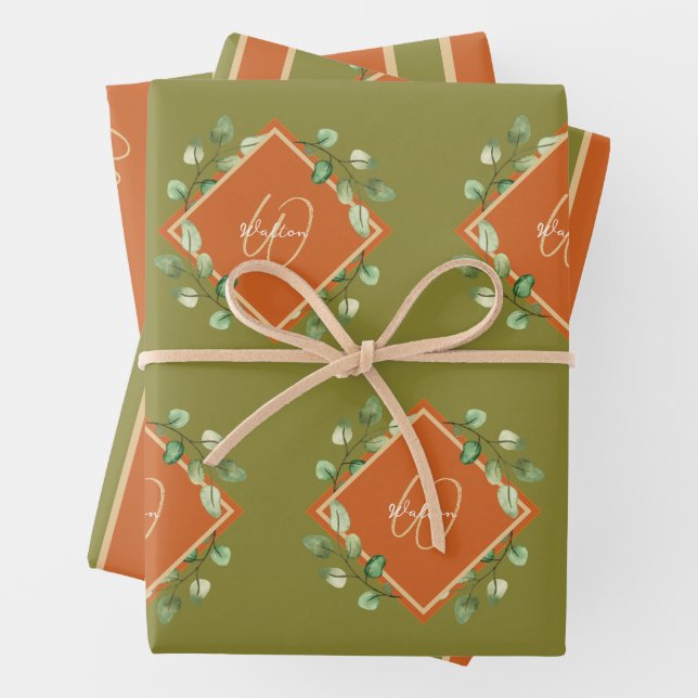 Herbstlaube Orange und Green Mit Monogramm Geschenkpapier Set (Beispiel)