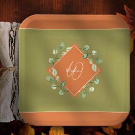 Herbstlaube Orange und Green Mit Monogramm Pappteller
