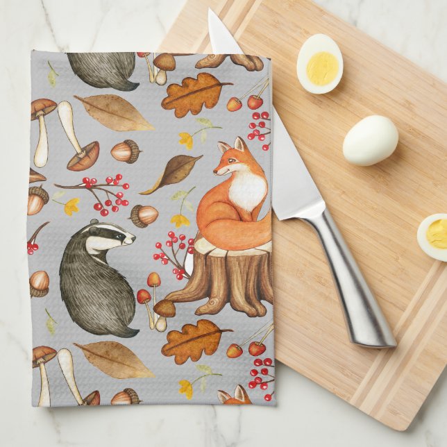 Herbstlaubs Badger & Fox Geschirrtuch (Viertel Falte)