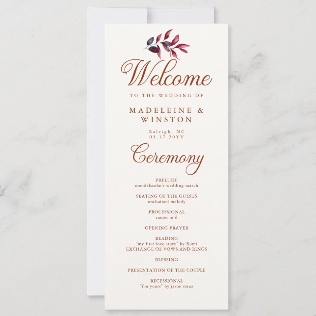 Herbstlaubs Burgund Elegantes Chic Hochzeitsprogra (Vorderseite)
