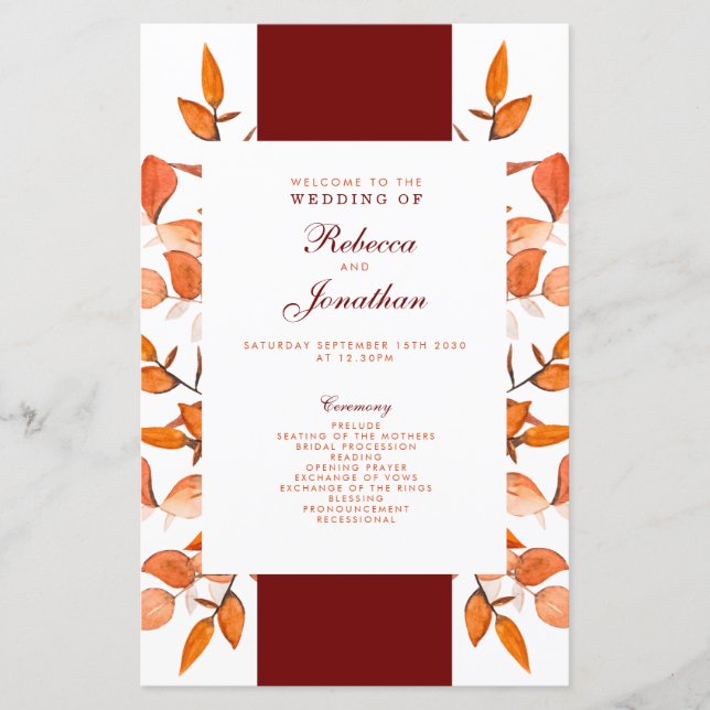 Herbstlaubs Burnt Orange Hochzeitsprogramm (Vorderseite)
