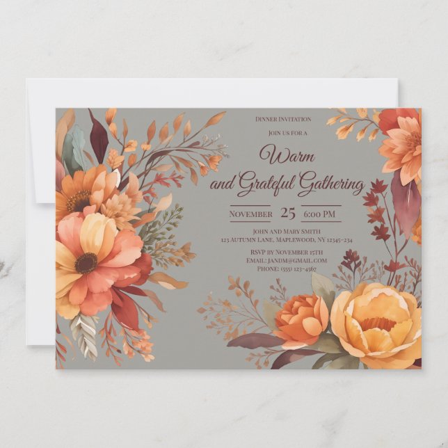 Herbstlaubs Floral Erntedank Friendsgiving Einladung (Vorderseite)