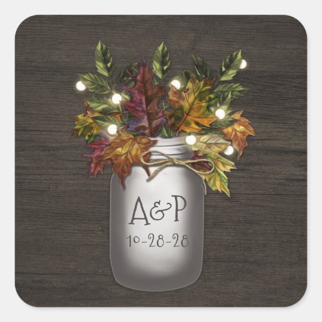 Herbstlaubs Mason Jar Rustikale Gastgeschenk Hochz Quadratischer Aufkleber (Vorderseite)