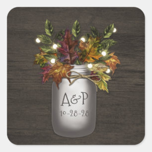 Herbstlaubs Mason Jar Rustikale Gastgeschenk Hochz Quadratischer Aufkleber