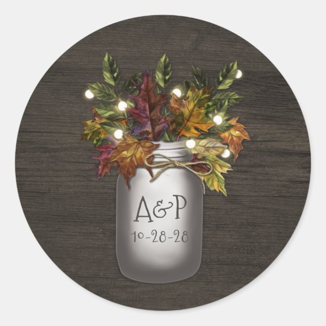 Herbstlaubs Mason Jar Rustikale Gastgeschenk Hochz Runder Aufkleber (Vorderseite)