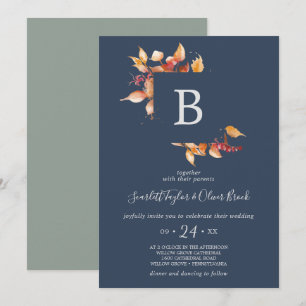 Herbstlaubs Navy Blue & Burgundy Monogram Wedding Einladung